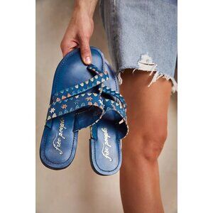 Free People Bella Caia Crochet Leather Sandals Indigo Blue Size 40 or 8.5